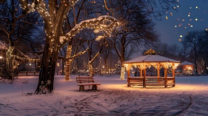 Freezing park with christmas lights and a shelter at nightfall