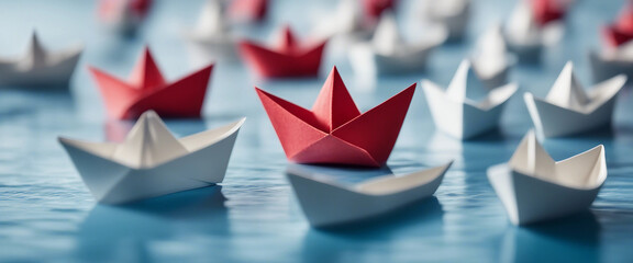 Red paper boat leading other white boats on a blue background symbolizing leader focus and strategic