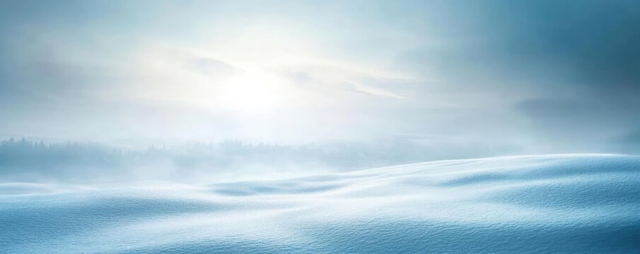 A serene winter landscape with gentle snow drifts illuminated by soft light, creating a tranquil and peaceful atmosphere.