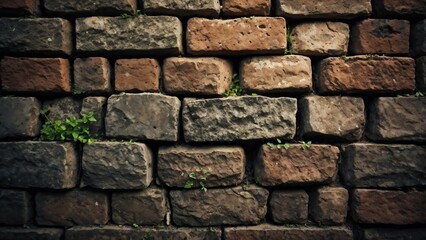 Obraz premium Weathered stone wall with vegetation for rustic architectural backgrounds and textures