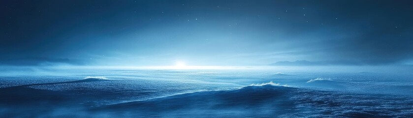 A serene blue landscape at dawn, capturing the calmness of the ocean waves and a tranquil horizon.