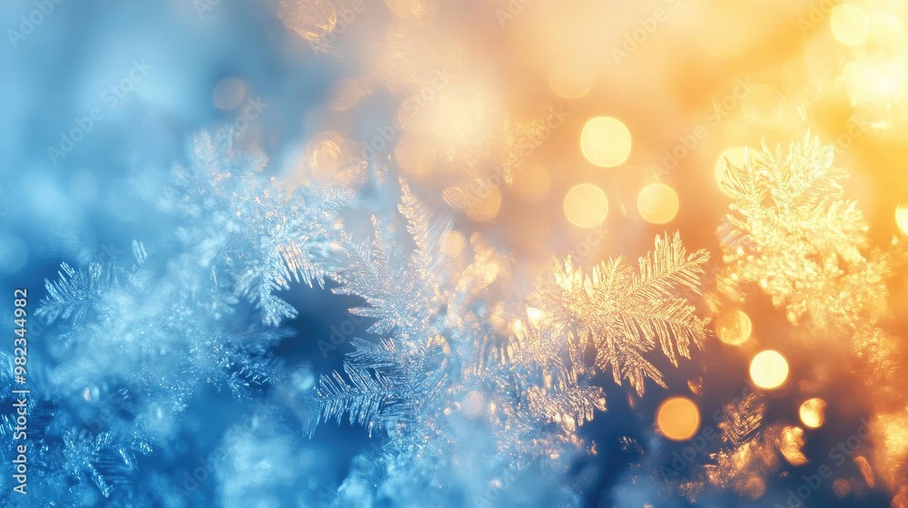 Poster a mesmerizing blend of frost and light, showcasing delicate ice crystals with soft bokeh in warm and