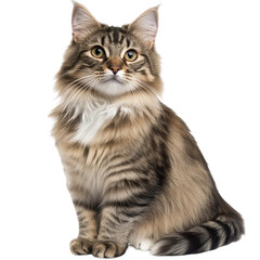 Majestic Maine Coon Cat Sitting and Gazing Curiously against White Studio Background  This fluffy striped feline has a regal and elegant appearance