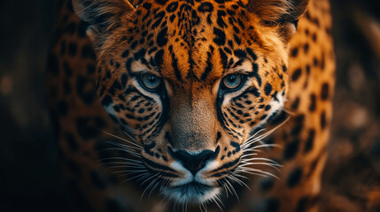 Naklejka premium Intense gaze of a leopard in the wild with detailed close-up of its face