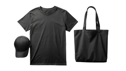 A coordinated black blank fashion set including a T-shirt, cap, and tote bag, ready for custom branding or design presentation.