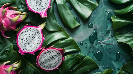 Dragon fruit on green leaf background