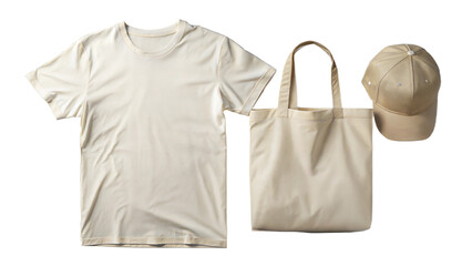 A coordinated  blank fashion set including a T-shirt, cap, and tote bag, ready for custom branding or design presentation.