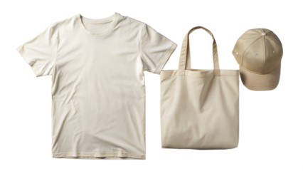 A coordinated  blank fashion set including a T-shirt, cap, and tote bag, ready for custom branding or design presentation.