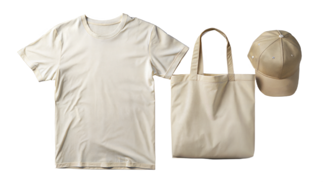 A coordinated  blank fashion set including a T-shirt, cap, and tote bag, ready for custom branding or design presentation.
