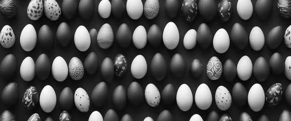 Stylish luxurious Easter eggs top view pattern All black Minimalist Isolated on black background