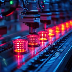 Close-up view of an automated robotic assembly line in a factory, featuring bright red lights and precision machinery.