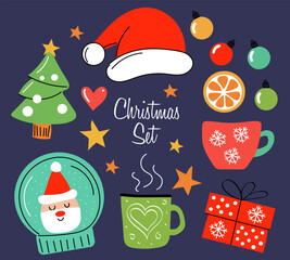 Christmas set with Santa hat, decorated christmas tree, mugs, gift box, snow globe and stars. Perfect for Christmas cards, decorations and new year projects. Vector illustration.