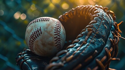 Naklejka premium A close-up of a baseball resting in a glove, highlighting the sport's equipment.