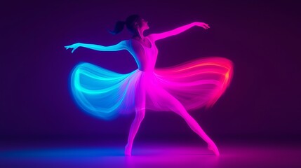 A graceful dancer performs with vibrant light trails, showcasing motion and elegance in a colorful, ethereal atmosphere.