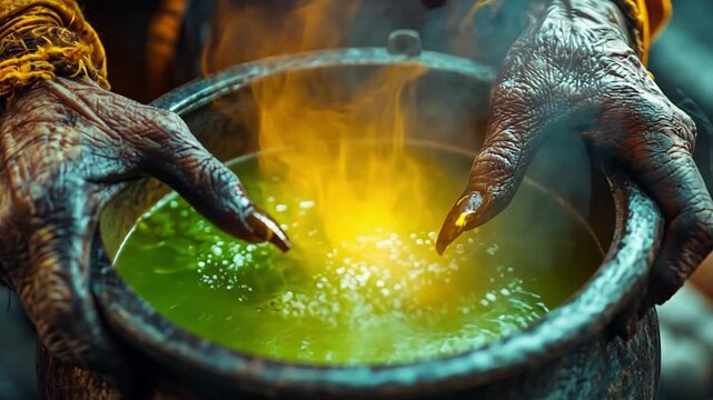 This elderly person mixes a glowing potion in a dark, foggy setting, creating an eerie ambiance.