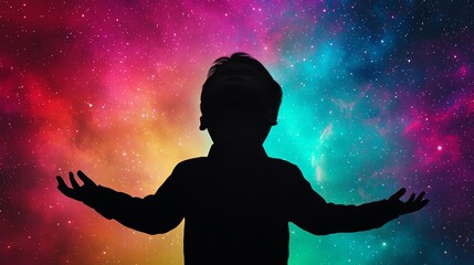 A silhouetted child stands against a vibrant cosmic background, evoking a sense of wonder and exploration in the universe.