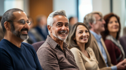 Obraz premium Group of diverse adults sitting and smiling during a seminar or conference, with a positive and engaged atmosphere.