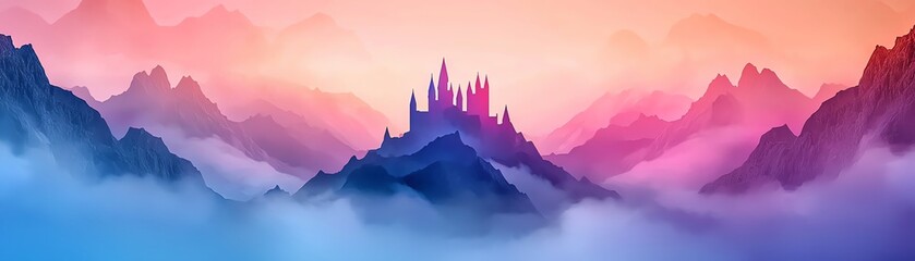 A stunning castle silhouette emerges from vibrant misty mountains at dawn, blending colors of pink, purple, and blue in a dreamy landscape.