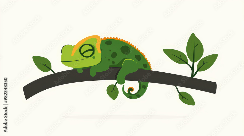 Canvas Prints A stunning minimalist design of a chameleon perched on a slender branch, highlighting clean lines and basic shapes.