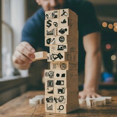 Designer carefully building a tower with wooden blocks