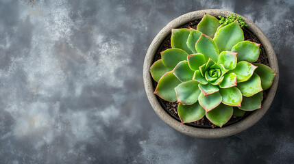 Top view of a succulent plant in a terracotta pot on a textured background. Copy space