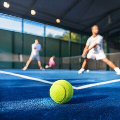 Obraz premium Single padel ball bouncing on the court surface with a blurred background of players