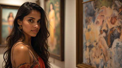 Indian woman standing in an art gallery looking at the camera with a thoughtful expression