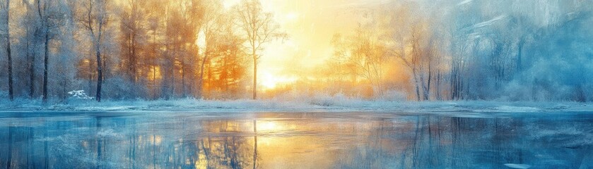 A serene winter landscape featuring a frozen lake, snow-covered trees, and a beautiful sunrise illuminating the icy scene.