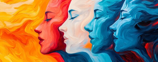 Colorful abstract painting featuring four female profiles representing diverse emotions and themes of harmony and contrast.