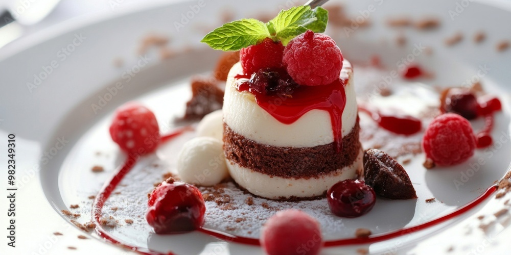 Canvas Prints A delicious dessert featuring layers of creamy mousse topped with fresh raspberries. The plate includes vibrant raspberry sauce and decorative elements. Perfect for food photography. AI