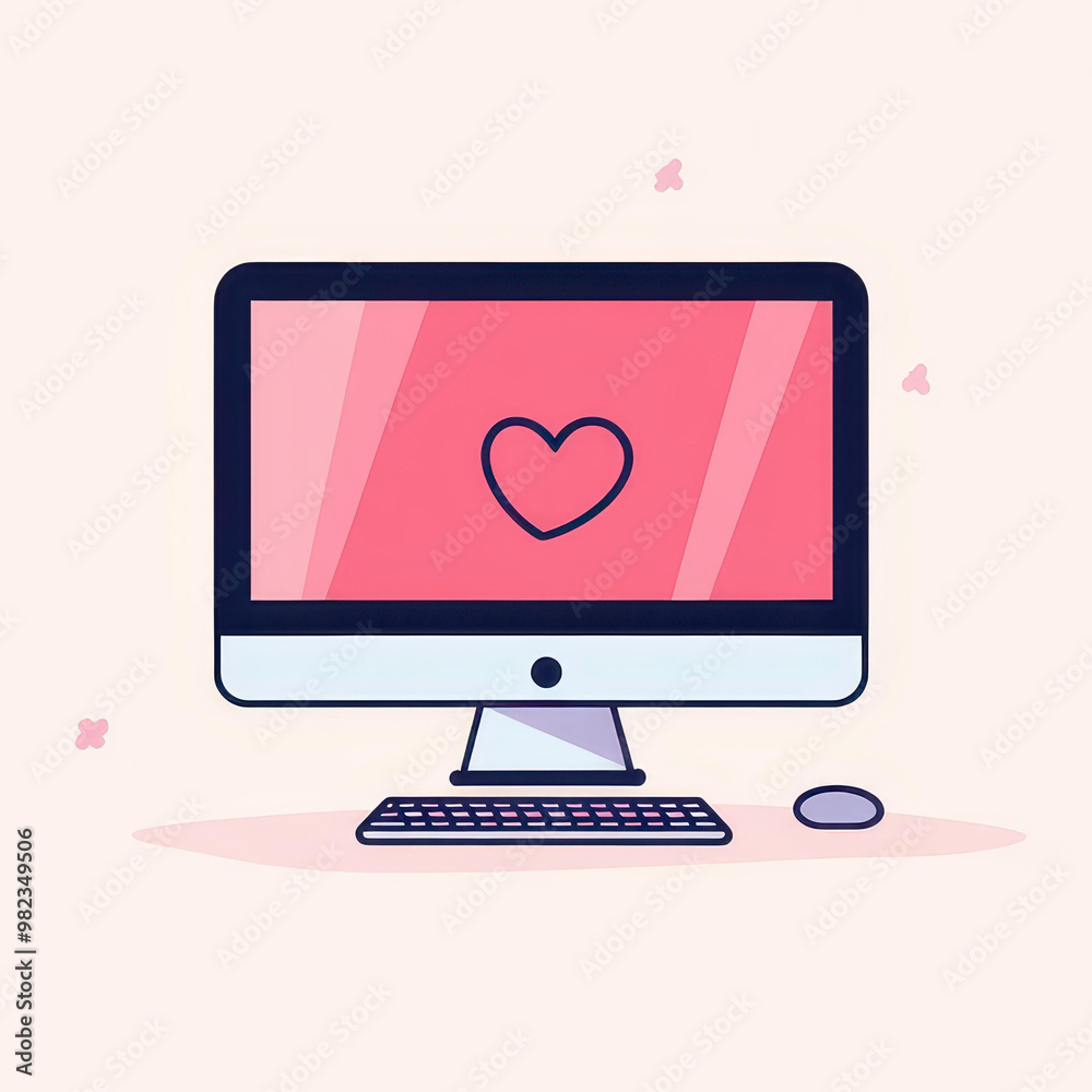Poster a sleek computer monitor and keyboard in a minimalist 2d vector style, perfect for modern design lov