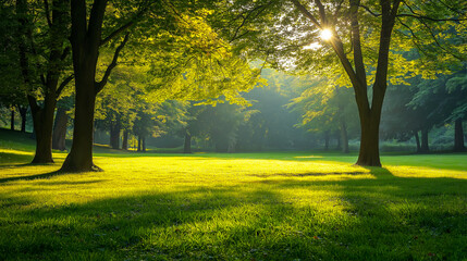 Naklejka premium Sunlight streaming through trees onto a green meadow in a peaceful forest park