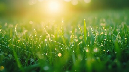 Obraz premium Dew-Covered Blades of Grass in Sunlight