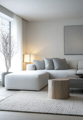 Modern living room with cozy furniture, large window, and minimalistic decor in a bright, airy space near mountain views