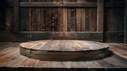 Fototapeta premium Rustic Wooden Podium in Cozy Warmly Lit Room for Product Display Concept with Copy Space
