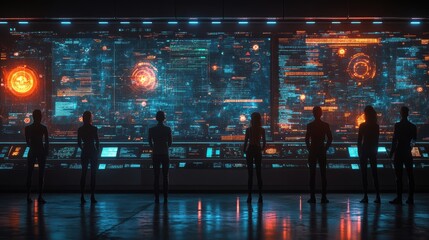 Silhouettes of a group of people standing in front of a massive screen displaying holographic orange and blue data, in a futuristic high-tech control room.