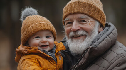Smiling grandfather in matching orange winter hat with his happy baby grandchild, both wearing cozy jackets, enjoying a moment together outdoors in the cold.