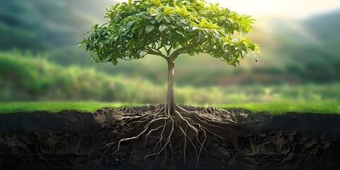 A tree with its roots growing out of the ground