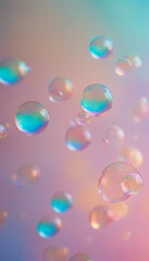 Translucent soap bubbles on pastel holographic light background vertical