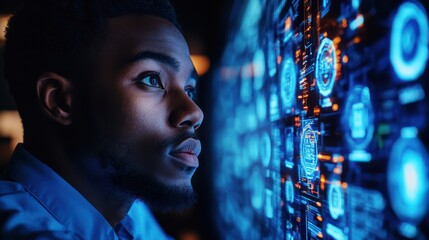 Focused man analyzing futuristic data interface, illuminated by blue digital screens, representing technology, artificial intelligence, and innovative network systems