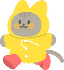 Cute Smiling Happy Gray Cat Running in Yellow Raincoat Vector Cartoon Illustration Clipart