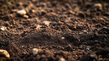 Rich soil with textured dirt and small rocks, close-up capturing the earthy details, symbolizing agriculture, nature, and the foundational element for plant growth and cultivation