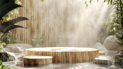 Serene Bamboo Podium in Peaceful Meditative Space with Water Features for Product Display Concept