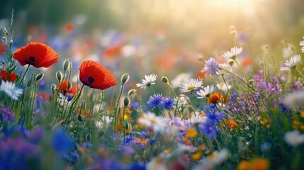 A beautiful wildflower meadow in full bloom, with poppies, daisies, and cornflowers swaying gently in the breeze