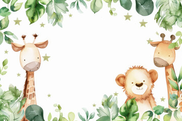 Naklejka premium Watercolor cute baby forest animals with space for text, white background, clip art style, white empty space inside frame.