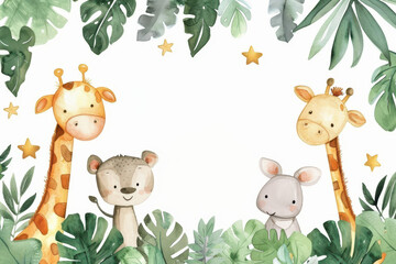 Obraz premium Watercolor cute baby forest animals with space for text, white background, clip art style, white empty space inside frame.