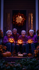 Obraz premium Elderly friends holding glowing spell books on Halloween porch at sunset 