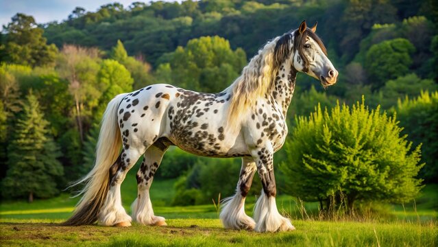 With regal bearing, the Clydesdale Knabstrupper horse poses proudly, its multicolored coat blending seamlessly with the