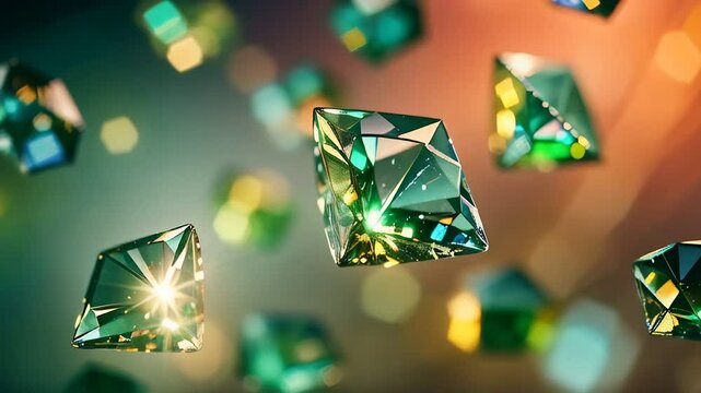 Emeralds suspended mid-air, refracting neon green and gold light, creating a dynamic visual of floating gemstones with shimmering, prismatic reflections in a futuristic atmosphere.