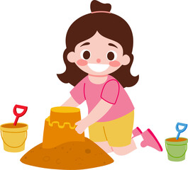 Illustration of girl building a sandcastle with buckets and shovels